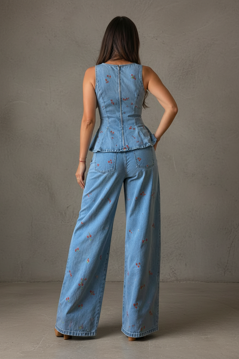 Cherry Denim Peplum Two-Piece Set