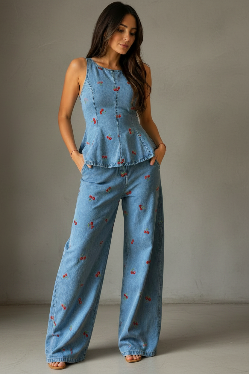 Cherry Denim Peplum Two-Piece Set