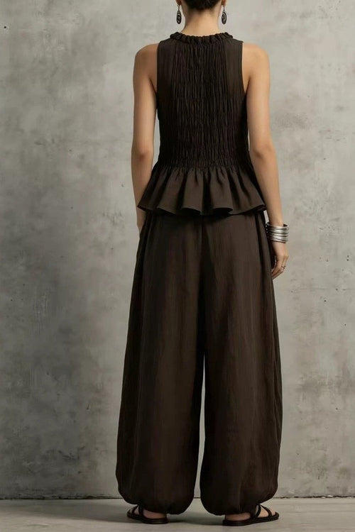 Cocoa Smocked Peplum Wide-Leg Pant Set
