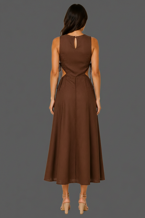 Cocoa Side Tie Cutout Linen Blend Midi Dress