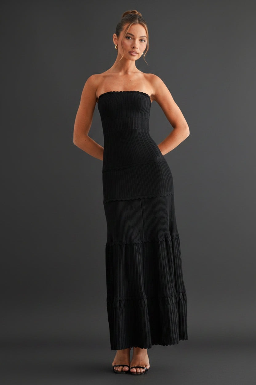 Scallop Trim Strapless Pleated Dress