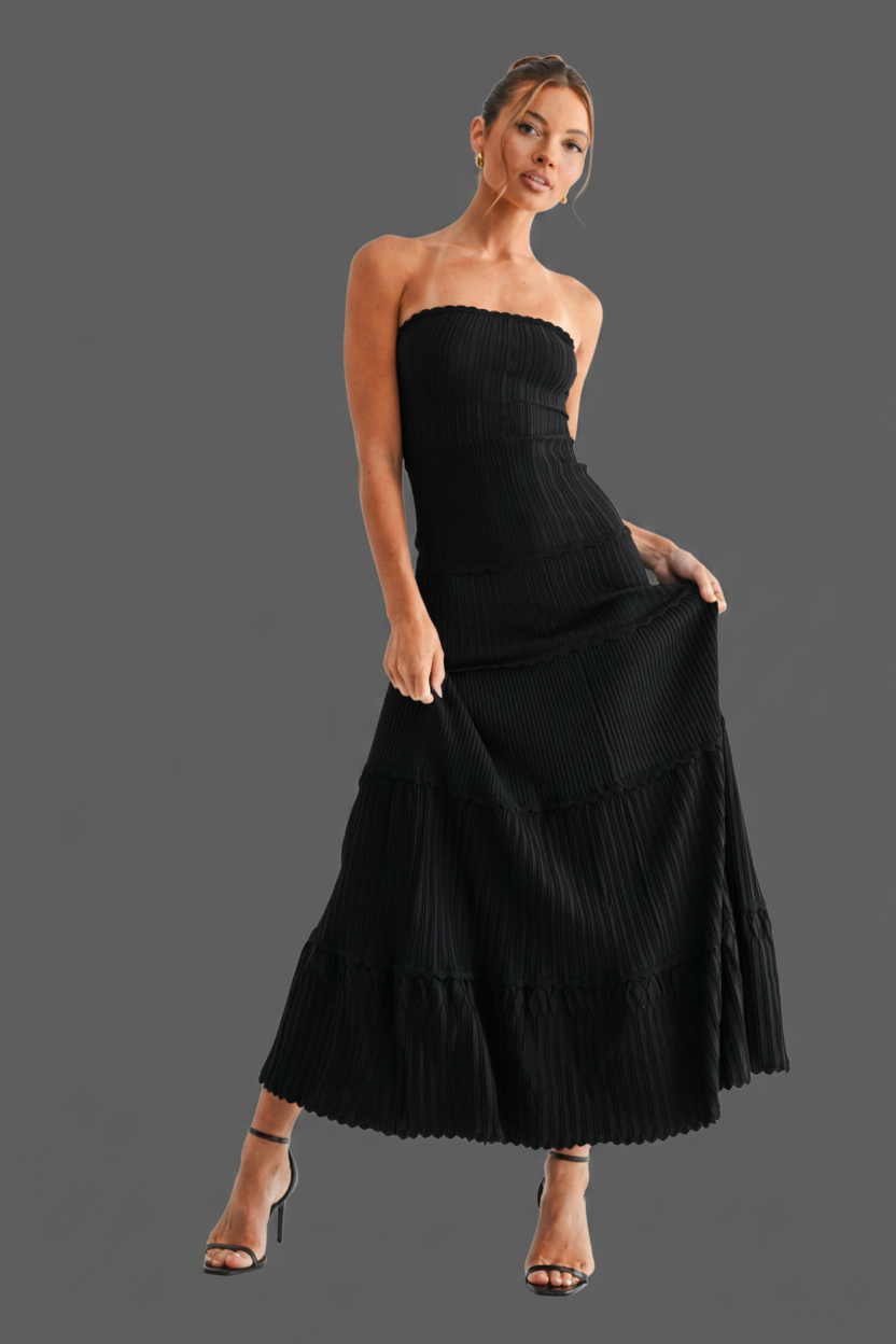 Scallop Trim Strapless Pleated Dress